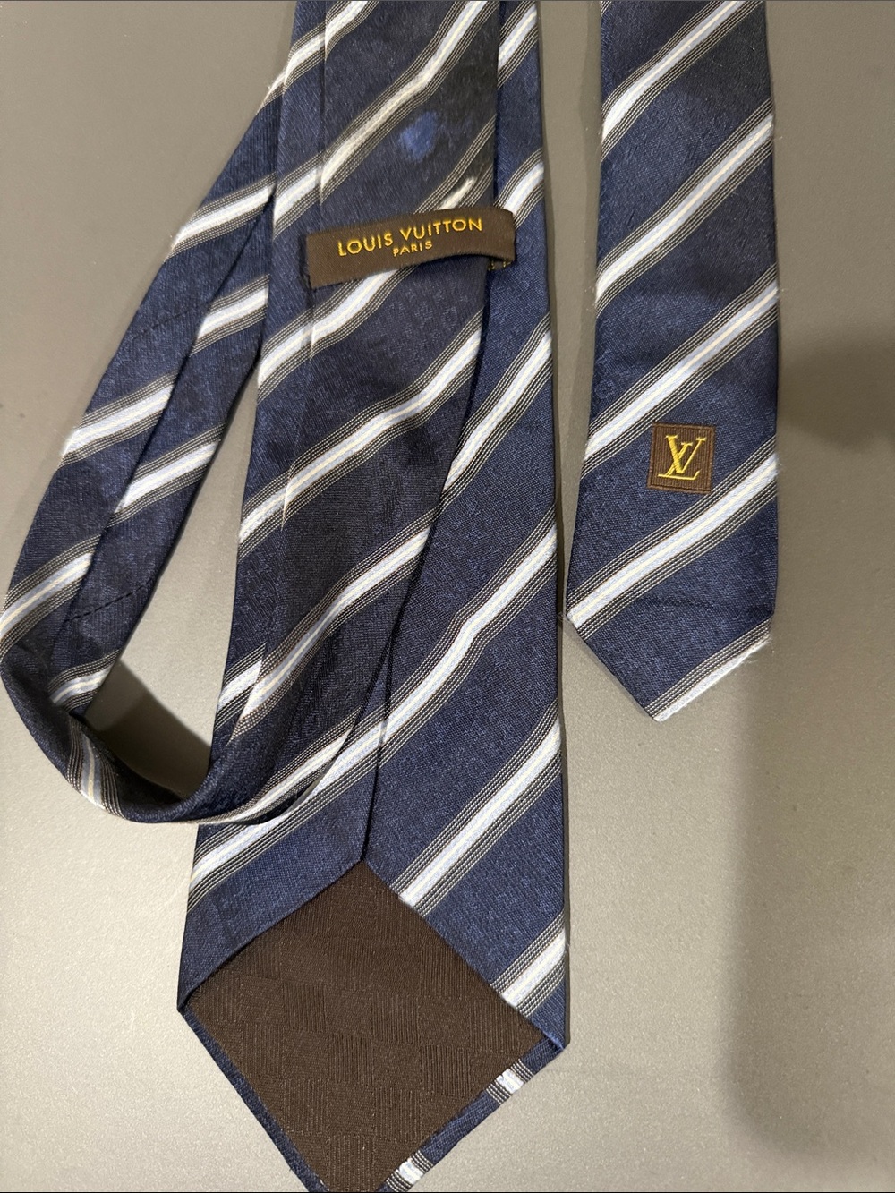 Authentic Louis Vuitton Navy Silk Striped Tie with Gold LV Emblem - Picture 5 of 5